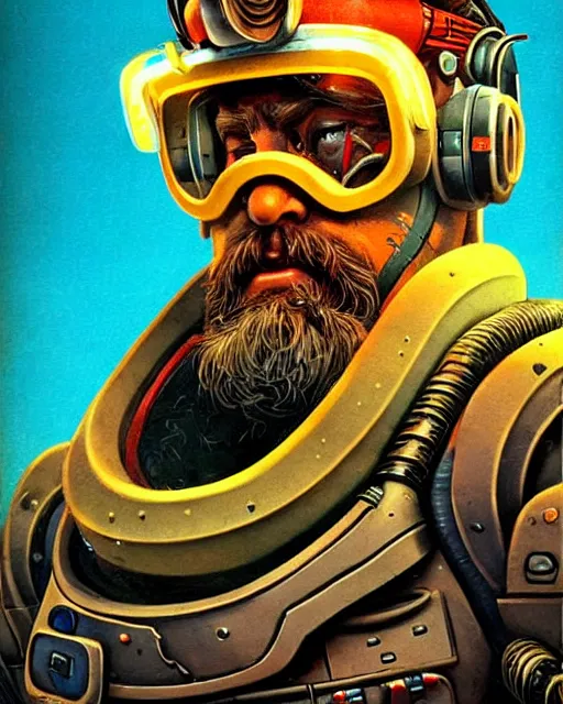 Image similar to torbjorn from overwatch, character portrait, portrait, close up, concept art, intricate details, highly detailed, vintage sci - fi poster, retro future, vintage sci - fi art, in the style of chris foss, rodger dean, moebius, michael whelan, and gustave dore