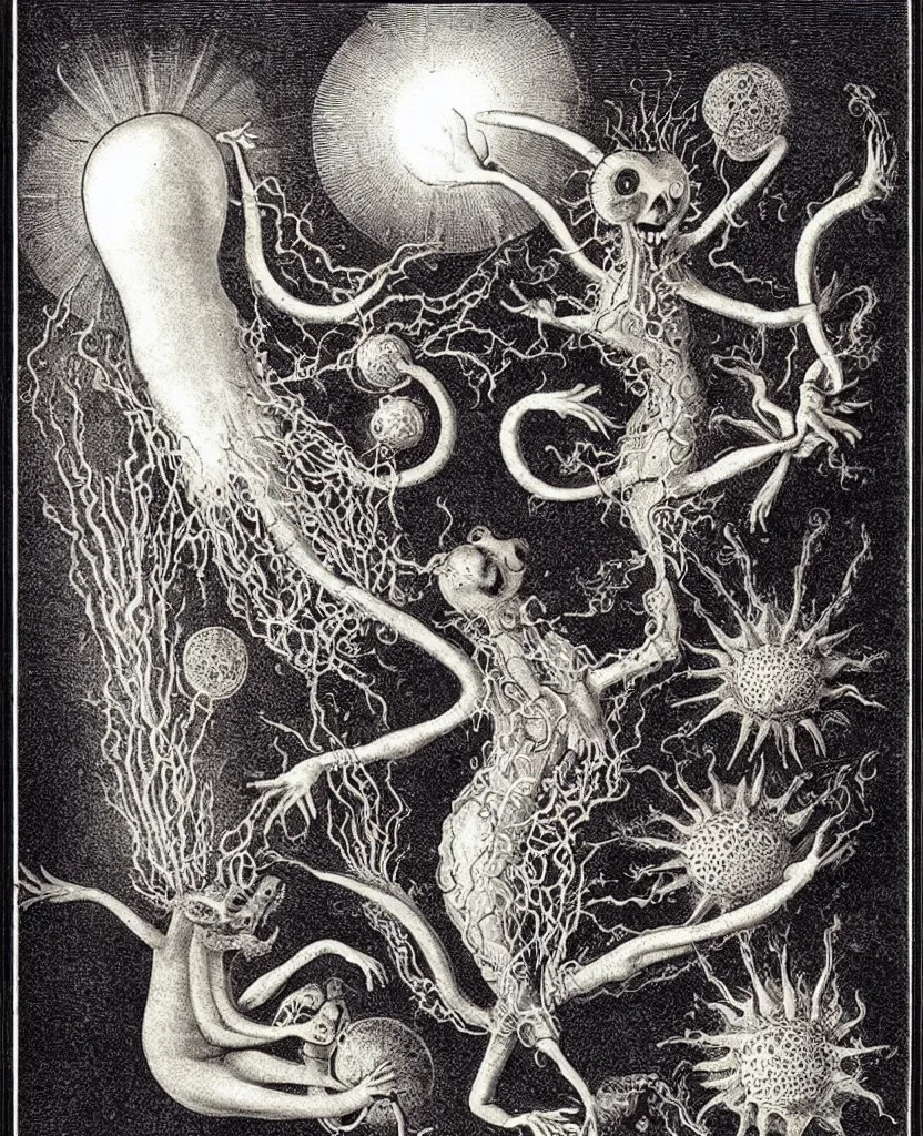 Image similar to whimsical freaky creature sings a unique canto about'as above so below'being ignited by the spirit of haeckel and robert fludd, breakthrough is iminent, glory be to the magic within