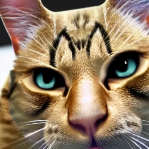 Image similar to dwayne the rock johnson as a cat, close-up portrait, cctv footage video recording