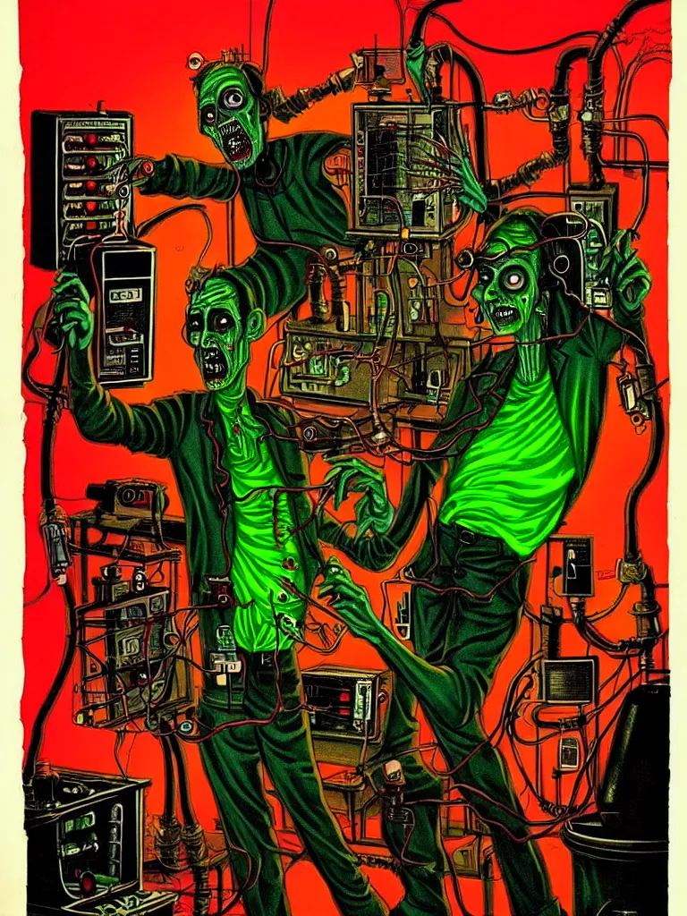 Prompt: Vibrant Colorful Vintage Horror Illustration of a Mad Scientist Experiment Electricity Zombie Laboratory. Glowing , Spooky lighting , Pinterest