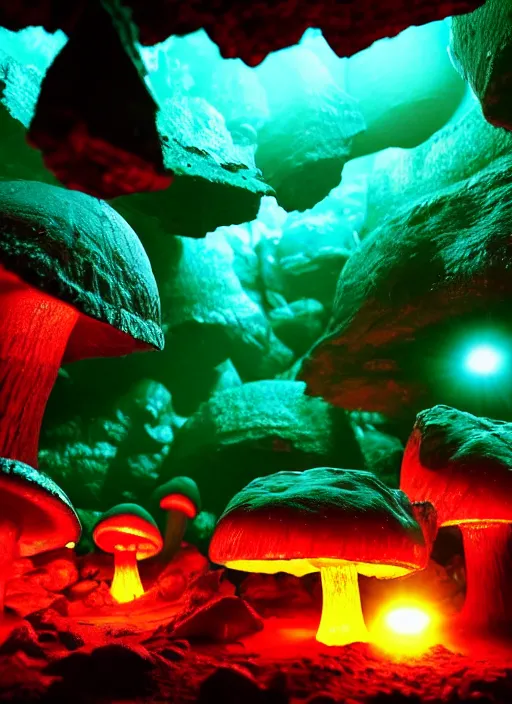 Image similar to photo of cave with giant crystals glowing and giant red mushrooms, realistic, sharp focus, 8 k high definition, insanely detailed, intricate, elegant