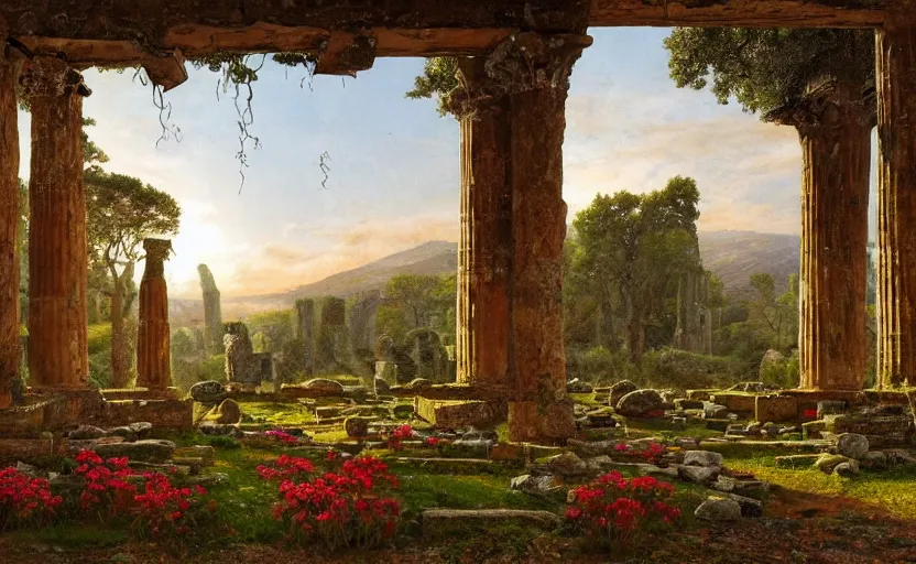 Prompt: a interior photo of a mossy and ruined greek temple with some marble statues inside at sunset, godrays, complementary colors, calm, relaxing, beautiful landscape, highly detailed, high quality, 4k, grass and red flowers, Ferdinand Knab, serene landscape, symmetrical, geometric, high coherence