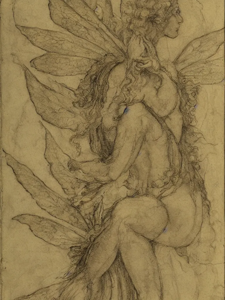 Image similar to sketch, study of a fairy, in the style of leonardo da vinci, with written notes, annotations,