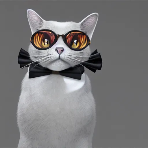 Image similar to photorealistic portrait of a cat with suit and bow tie, 8k, octane render, unreal engine 5, detailed