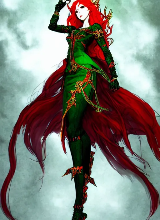 Prompt: Full body portrait of a beautiful red haired elven queen with haughty look, ominous aura wearing, red, green and gold ornate queen dress. In style of Yoji Shinkawa and Hyung-tae Kim, trending on ArtStation, dark fantasy, great composition, concept art, highly detailed.