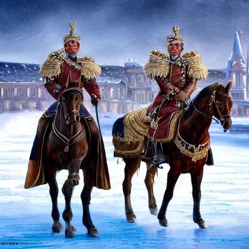 Image similar to an extremely realistic portrait depicting the coronation of viktor orban dressed in royal national costume, riding a horse on the frozen danube, detailed, intricate, elegant, highly detailed, digital painting, artstation, concept art, smooth, sharp focus, illustration,