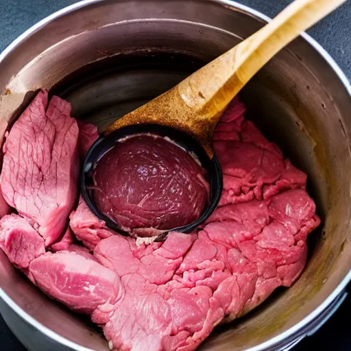 Image similar to a pot full of raw meat being mixed up, pov, 4 k