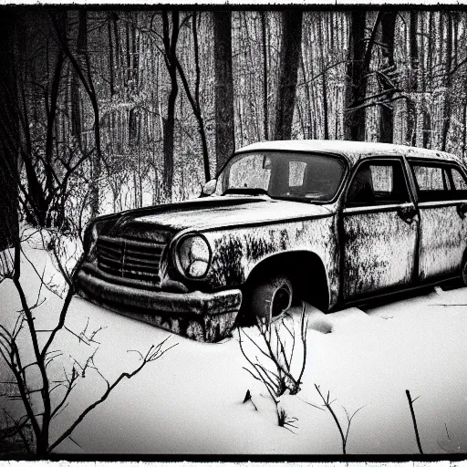 Image similar to rusty sedan in winter forest, greyscale, Polaroid, editoral image