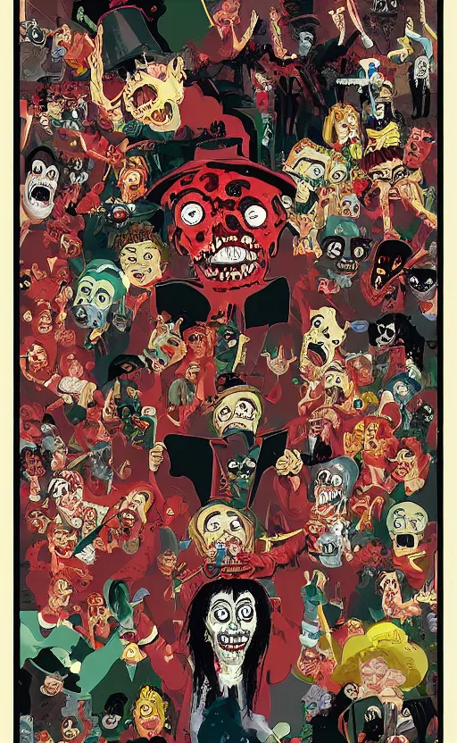 Image similar to cursed with necronomicon horrorcore cel animation poster depicting gory waldo eating the deceased power puff girls, intricate faces, metropolis, 1 9 5 0 s movie poster, post - processing, vector art