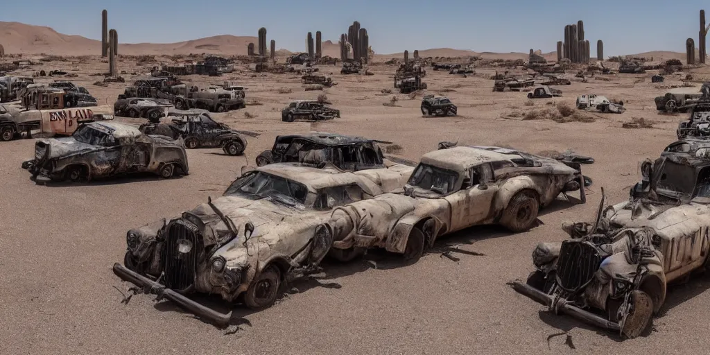 Prompt: mad max inspired vehicle convoy driving through abandoned city square with desert vegetation all around, panorama