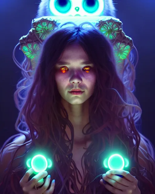 Image similar to one singular portrait of a cute bioluminescent druid with glowing eyes, highly detailed, digital painting, cinematic, hyper realism, dark retrowave, art by stanley lau and artgerm and magali villeneuve and alphonse mucha, artstation, octane render, cgsociety