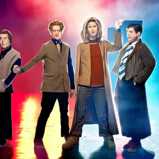 Image similar to doctor who characters in a boy band on stage