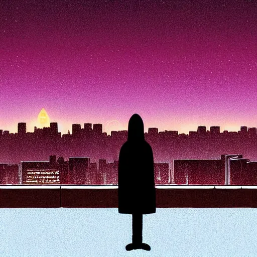 Prompt: silhouette of a hooded character. Looking out over nighttime city scape Photograph in the style of Simon stälenhag