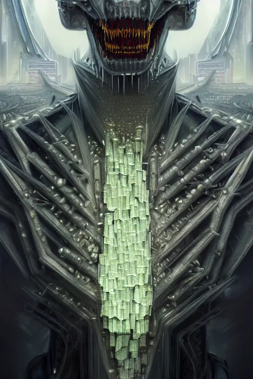 Image similar to dreamland of chinese, ghost, sharp, slender and densely arranged teeth, dystopian, cyberpunk, nanotech demonic monster horror, mecha, halfturn portrait of a big crystal face made of crystals half - turn, ominous, intricate, studio, art by anthony macbain + greg rutkowski + alphonse mucha, concept art, 4 k, sharp focus