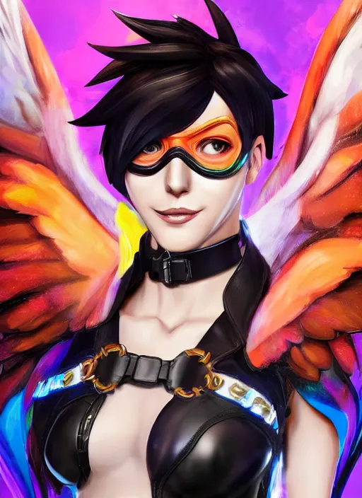 Image similar to portrait bust digital artwork of tracer overwatch, wearing black iridescent rainbow latex tank top, 4 k, expressive happy smug expression, makeup, in style of mark arian, angel wings, wearing detailed black leather collar, chains, black leather harness, detailed face and eyes,
