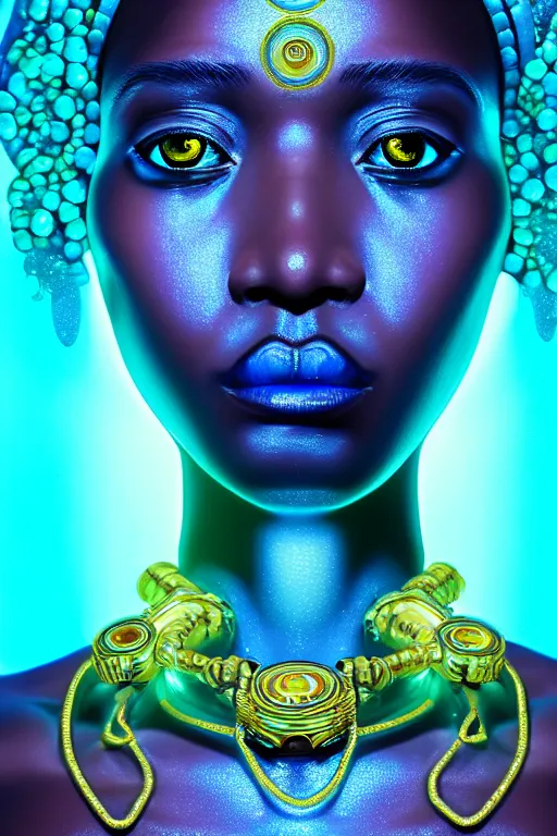 Image similar to hyperrealistic cybernetic cinematic bioluminescent very expressive! oshun goddess underwater, whole body, gold jewerly, highly detailed face, digital art masterpiece, smooth eric zener cam de leon, dramatic pearlescent turquoise light on one side, low angle uhd 8 k, shallow depth of field