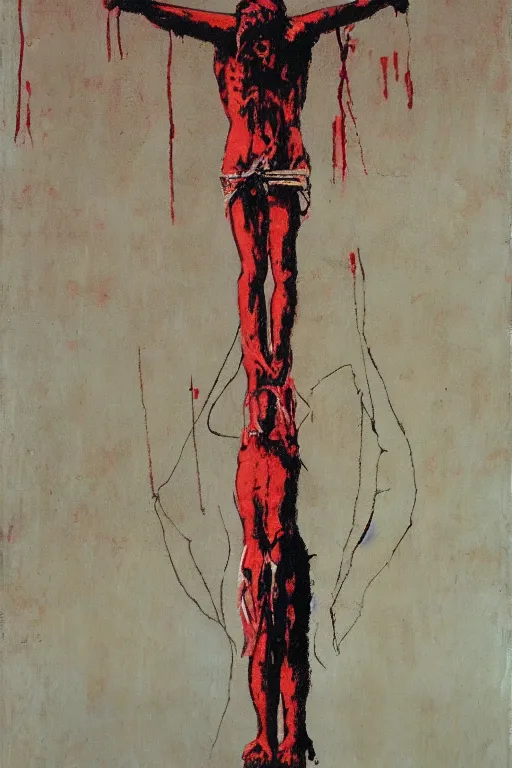 Image similar to bloody christ crucified and huge ufo of light in the sky painted by cy twombly and andy warhol