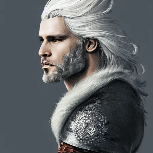 Prompt: Magnificent portrait of a Nordic God father with white hair, fantasy, medieval, highly detailed, Artstation