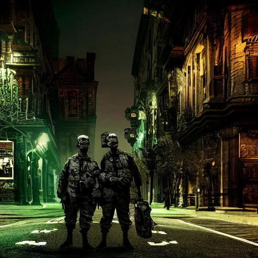 Image similar to soldier and angle met at night time, filmic, dramatic, night vision, wide angle, vignette, only green color, 4 k, 8 k, sad, devil, cinematic lighting, insanely detailed and intricate, hypermaximalist, elegant, ornate, hyper realistic, super detailed