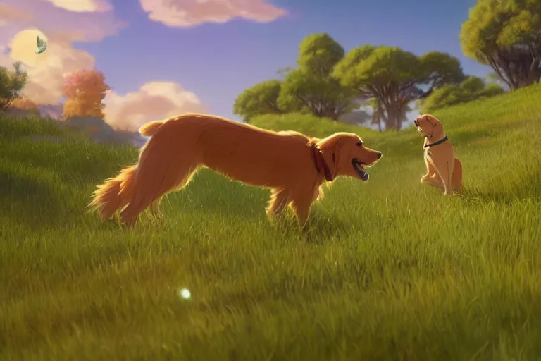 Image similar to a wholesome animation key shot of a golden retriever and a cat playing on a hill, medium shot, studio ghibli, pixar and disney animation, sharp, rendered in unreal engine 5, anime key art by greg rutkowski, bloom, dramatic lighting