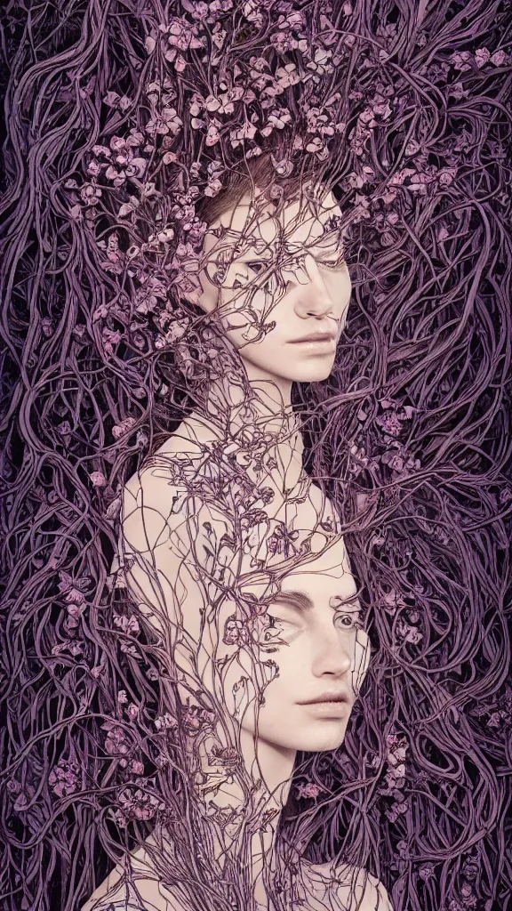 Prompt: the portrait of an incredibly beautiful tall dark haired woman made of potatoes roots and violets, an ultrafine detailed illustration by james jean, final fantasy, intricate linework, bright colors, behance contest winner, vanitas, angular, altermodern, unreal engine 5 highly rendered, global illumination, radiant light, detailed and intricate environment,