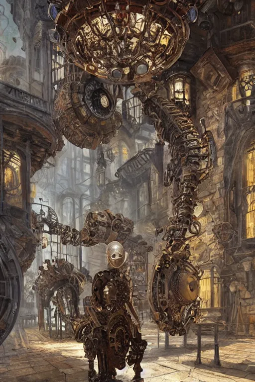 Image similar to a biomechanical palace guard made of machine parts and clocks is walking through a steampunk byzantine courtyard by anders zorn, gun arms, shiny, wonderful, mandelbulb 3 d buildings, fractal designs, dynamic, masterpiece by greg rutkowski, hyperrealism, beautiful cinematic light, by greg manchess, jessica rossier