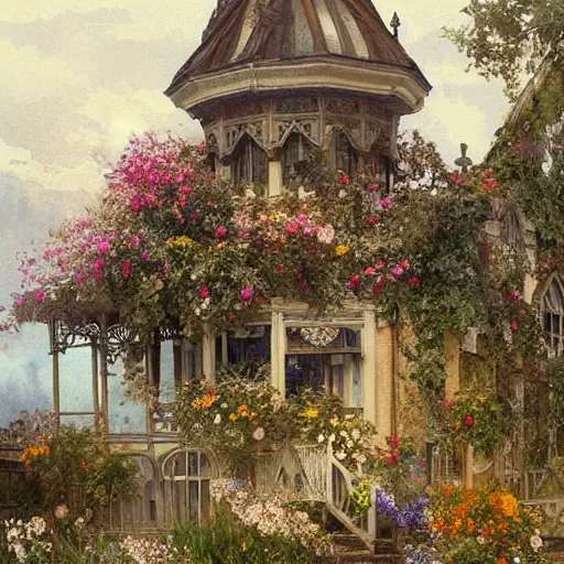 Image similar to a beautifull intricate watercolour painting of a victorian coffe house with many flowers and, reflexions, verry high details by william turner art, greg rutkowski and alphonse mucha, trending on artstation, very very detailed, masterpiece,