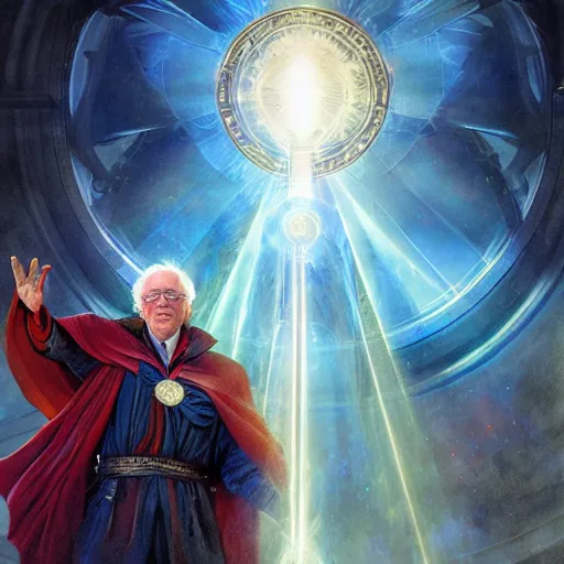 Prompt: bernie sanders as doctor strange, radiant light, caustics, heroic, bright iridescent light, by gaston bussiere, bayard wu, greg rutkowski, maxim verehin