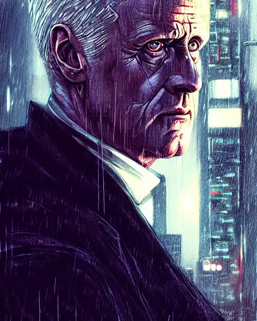 Prompt: a close up portrait of roy batty from blade runner, rainy streets in the background, digital art by ross tran and angel ganev, highly detailed, trending on artstationhq