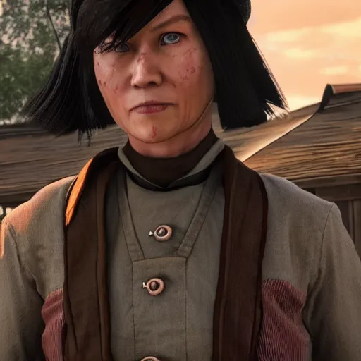 Prompt: toph beifong in red dead redemption 2, blind, character render, full body shot, highly detailed, in game render