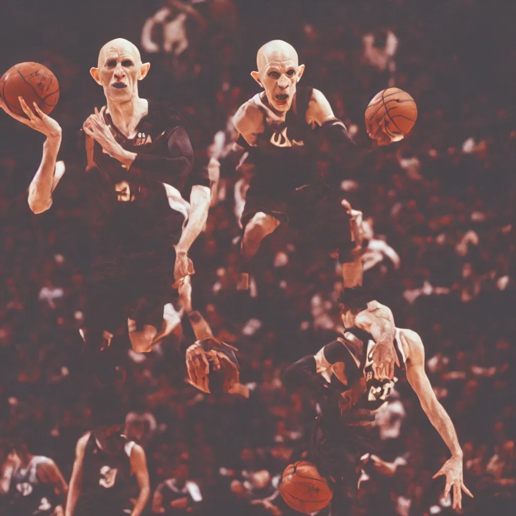 Image similar to portrait of nosferatu playing alone basketball at the nba, 1 2 0 mm lens,