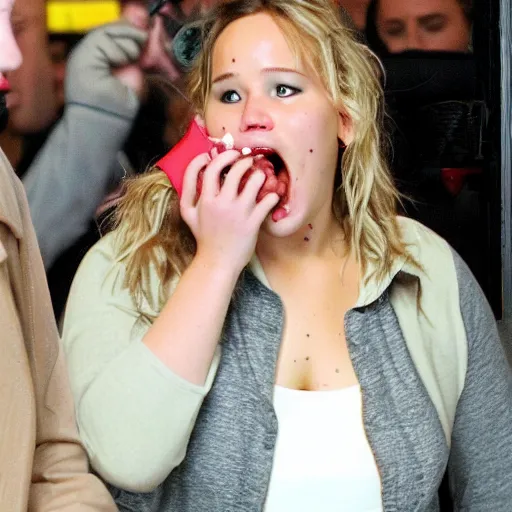 Image similar to fat jennifer lawrence crying in mcdonalds eating a burger