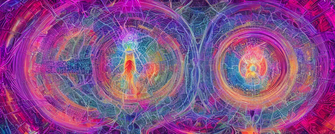 Image similar to transformation, transcendence into collaborative intelligence, endless collaboration with ai, connectedness, body, by alex grey, album cover, award winning, beautiful, colorful, volumetric lighting, trending on artstation, cinematic