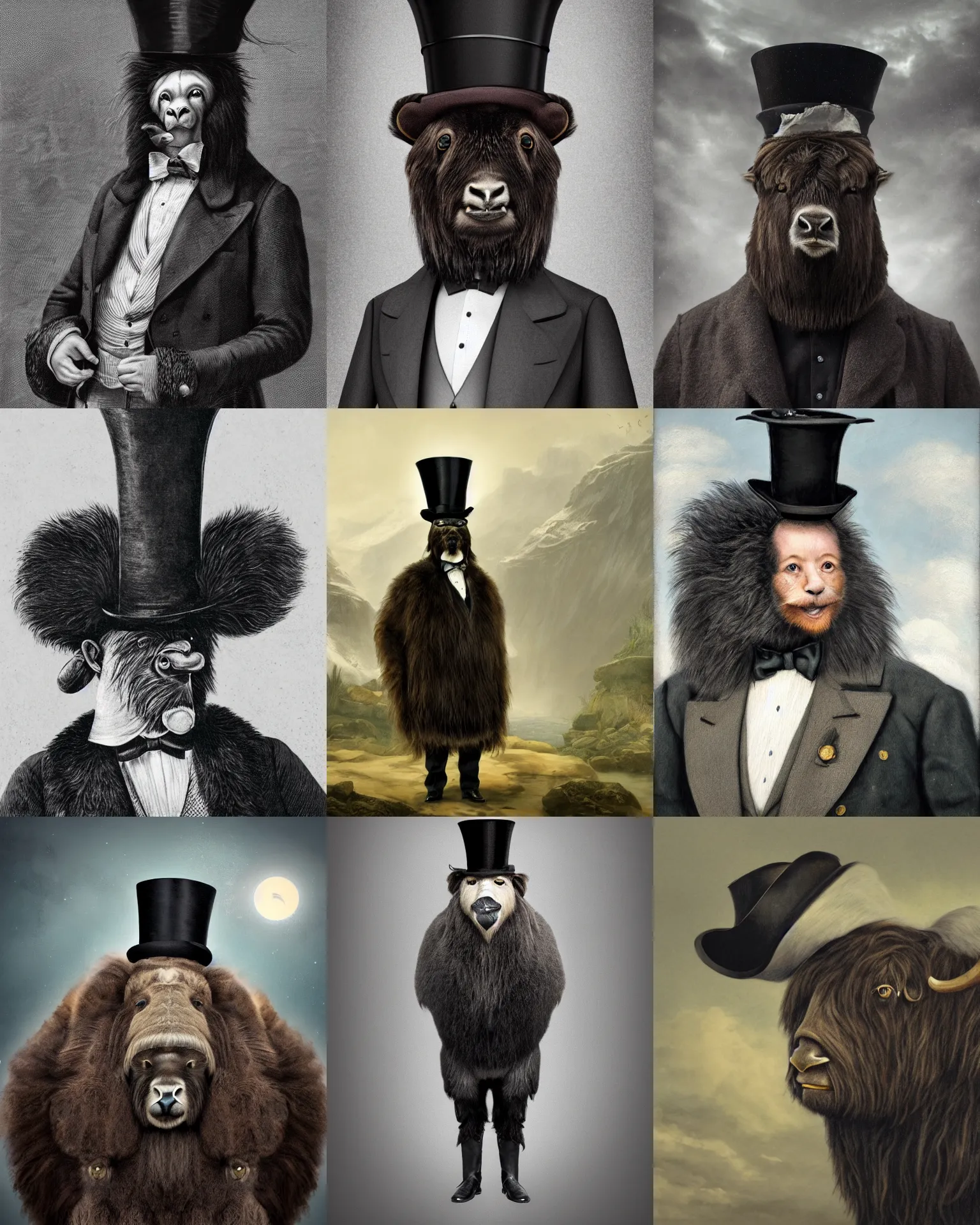 Prompt: highly detailed portrait photo of an anthropomorphic mutant with the head of a musk ox, wearing a overgown and a top hat in a dystopian scenic environment, hyperrealistic Illustration