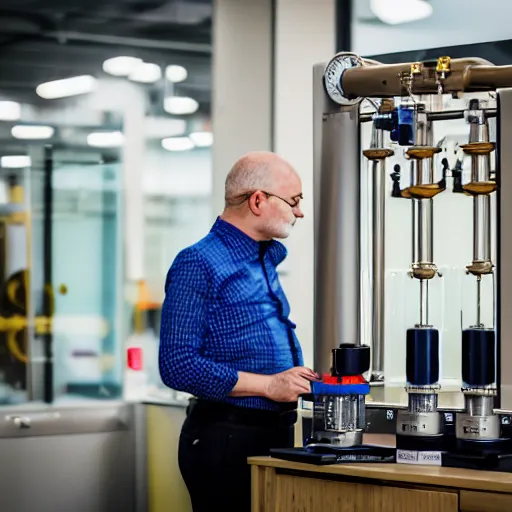 Image similar to A random pointless contraption pneumatic machine with no apparent purpose, being operated by a scholarly looking man with a clear directed gaze, XF IQ4, f/1.4, ISO 200, 1/160s, 8K, RAW, unedited, symmetrical balance, in-frame