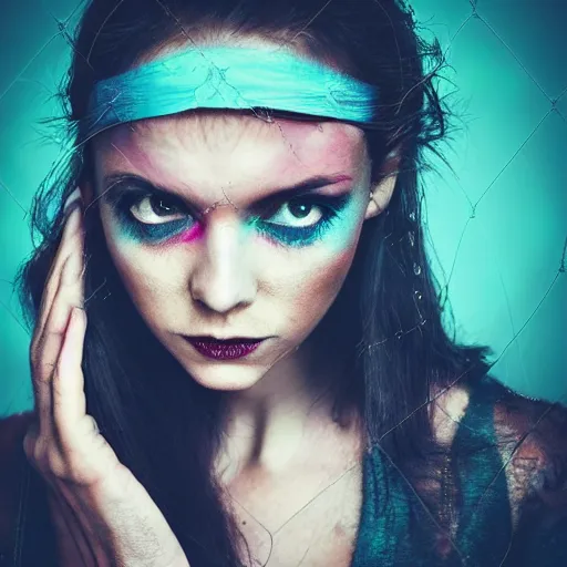 Image similar to a photo of a beautiful woman. moody and melanchonic. with a little bit of cyan and pink