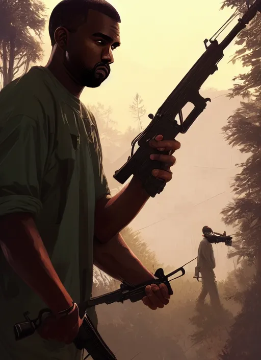 Image similar to highly detailed portrait kanye holding ak 4 7 in gta v stephen bliss unreal engine fantasy art by greg rutkowski loish rhads ferdinand knab makoto shinkai lois van baarle ilya kuvshinov rossdraws tom bagshaw global illumination radiant light detailed intricate environment