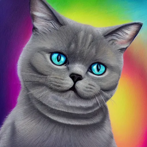 Image similar to detailed oil painting portrait of a grey british shorthair cat sitting upright on spiral curved piano keyboard on colorful abstract background with musical notes digital art concept art 4 k