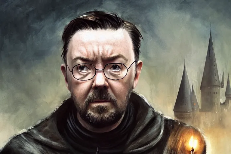 Image similar to closeup portrait of a ricky gervais as a wizard, harry potter, dramatic light, gorgeous view, depth, high detail, digital art, painted by greg rutkowski and seb mckinnon, by jk rowling, trending on artstation