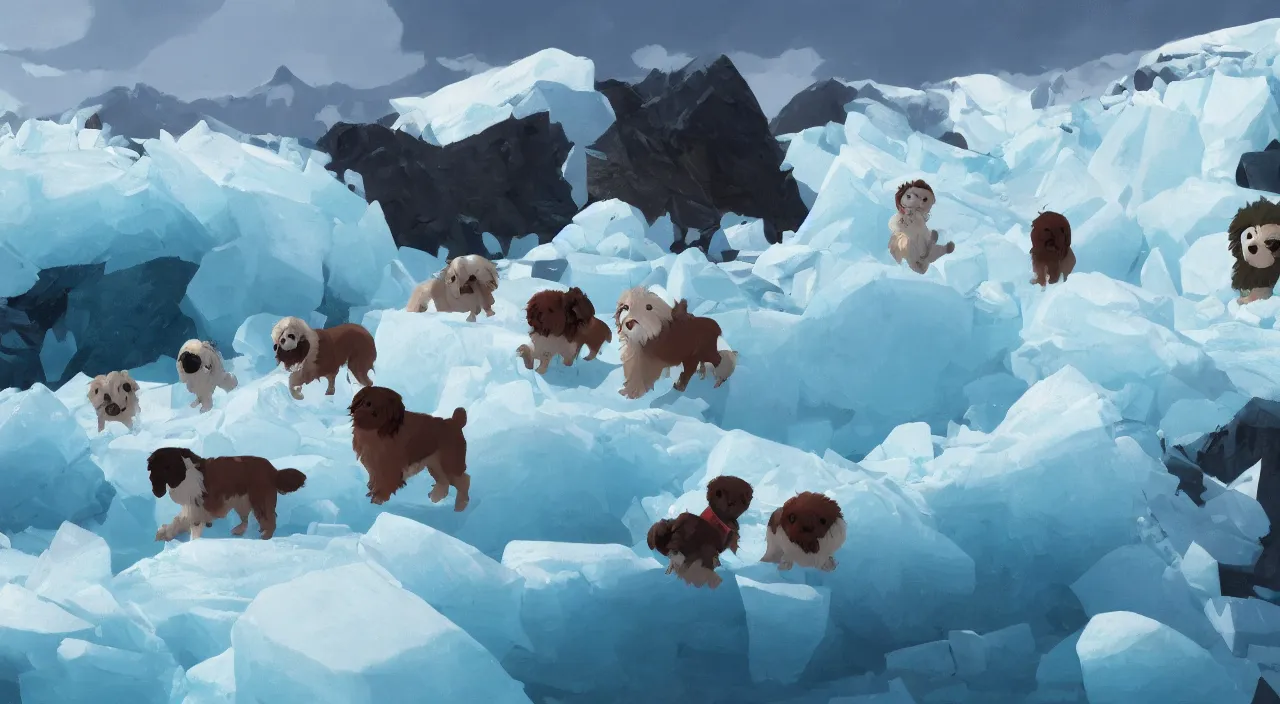 Image similar to havanese dogs and arctic explorers, crossing glaciers, 1 9 0 0, tartakovsky, atey ghailan, goro fujita, studio ghibli, rim light, harsh midday lighting, clear focus, very coherent