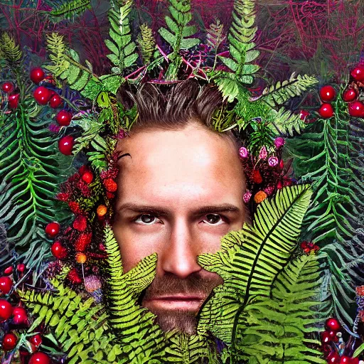 Image similar to a male knight with beard, stern face, clear eyes, shining armour made of steel, and fractal hair in a fractal garden, glowing delicate flower, berries and ferns that grow in a dark flowering fantasy forest, full frame,