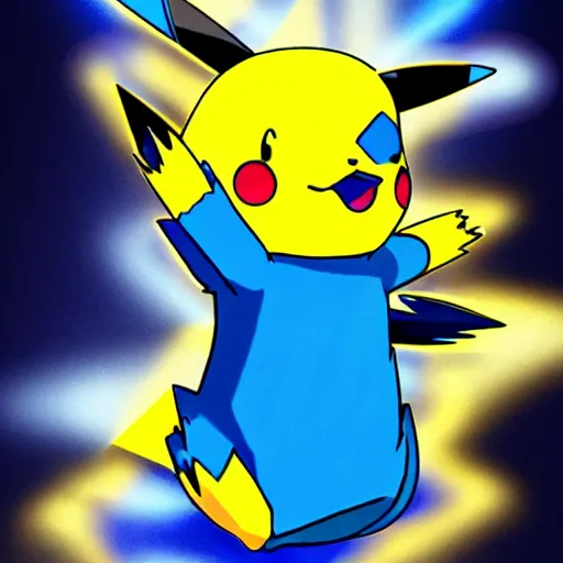 Image similar to a blue pikachu shooting bright electric lightning out of his ears in the style of pokemon anime def 8 k