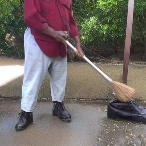 Image similar to Teddybear is standing with brush in his hand, sweating a lot while polishing shoes