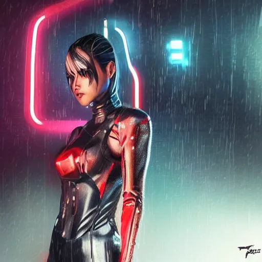 Prompt: An epic comic hyperrealistic full body shot portrait oil painting of a cyber warrrior girl wearing futuristic wardrobe, black and reddis, ultradetailed face expression trending on artstation and artbreeder, cyberpunk 2077 color, heavy rainning at tokyo night, neon light rooftop, unreal 5, DAZ, 8k, unreal 5 engine render, cosplay, RPG portrait, final fantasy Vll world concept, dramatic lighting, rim lights, PS5 render quality