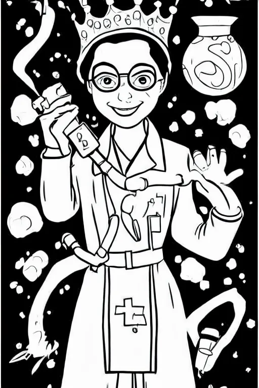 Prompt: princess scientist, in the colouring book style, black and white, disney, marvel, labcoat, tiara, cartoon,