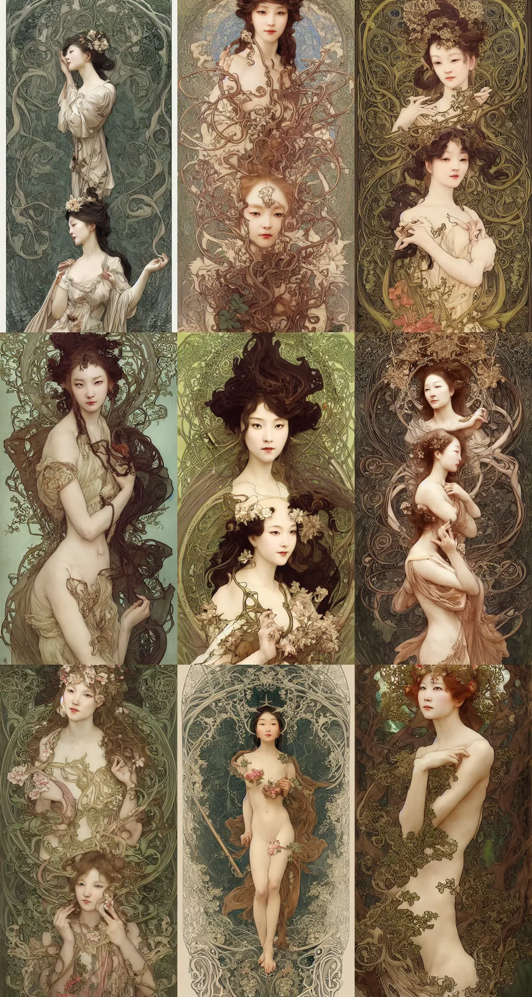 Prompt: art nouveau and rococo collaboration between fenghua zhong and mucha and bouguereau, elegant, forest and waterfall, beautiful, stunning, hd, illustration, fantasy, epic, dungeons and dragons, intricate, elegant, highly detailed, digital painting, artstation, concept art, smooth, sharp focus.