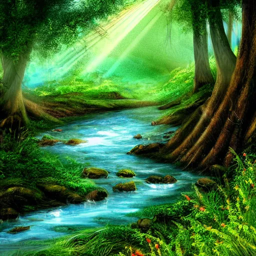 Prompt: Small creek, in the forest, mountains, crepuscular rays, green lush, foliage, flowers, digital art, illustration, high quality