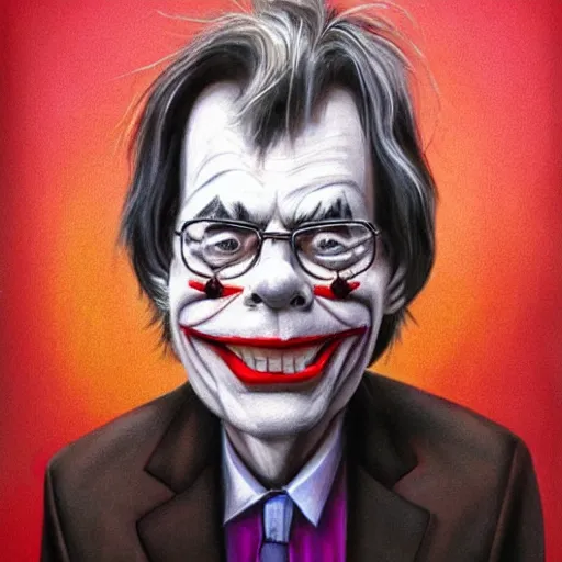 Image similar to a portrait of stephen king with clown makeup on