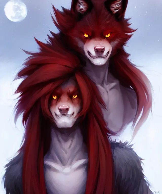 Image similar to character concept art of a black anthropomorphic male furry wolf long red hair | | cute - fine - face, pretty face, key visual, realistic shaded perfect face, fine details by stanley artgerm lau, wlop, rossdraws, james jean, andrei riabovitchev, marc simonetti, and sakimichan, trending on artstation