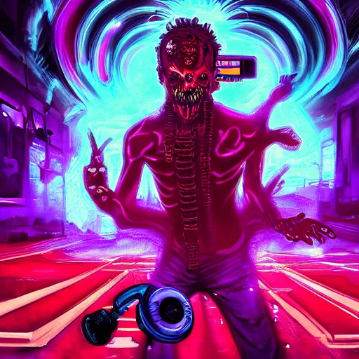 Prompt: psychedelic cyberpunk demon painting, rocking out, wearing headphones, huge speakers, dancing, rave, DJ, spinning records, digital art, amazing composition, rule-of-thirds, award-winning, trending on artstation, featured on deviantart